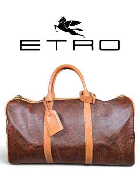 Etro Paisley Boston Weekender Travel Bag w/ Tan Leather Trim (Retail $1790)